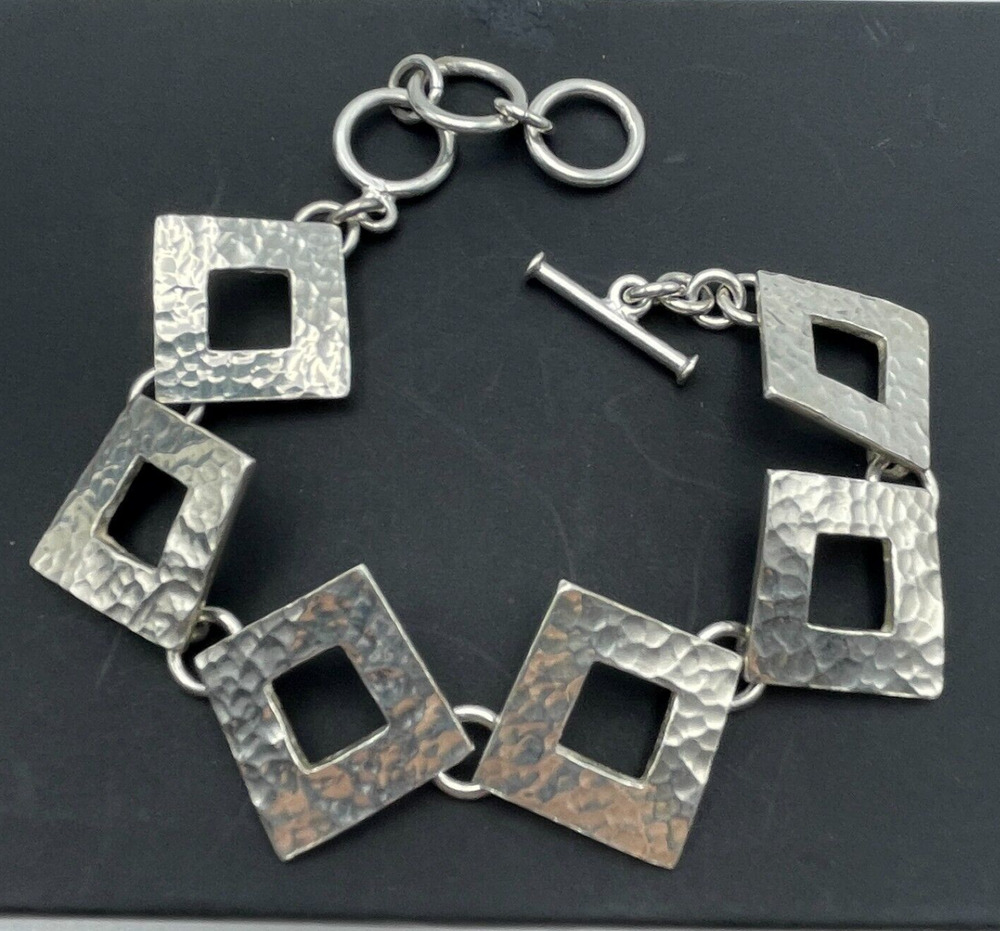 Sterling Silver Hammered Link Bracelet Up to 8" Toggle Clasp 925 18mm Squares